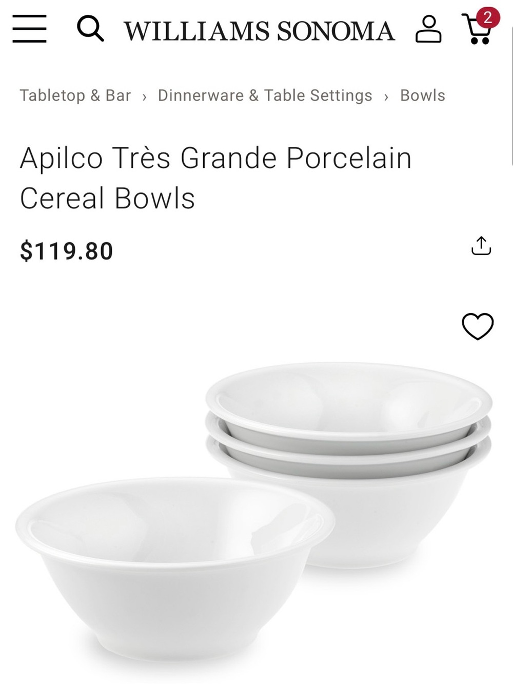 William Sonoma Set of 4 White Porcelain Cereal Bowls